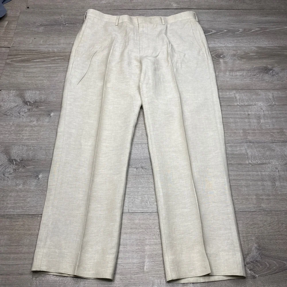 Cubavera Dress Pants Mens 36x30 Beige‎ Linen Blend Pleated Tropical Summer Beach
